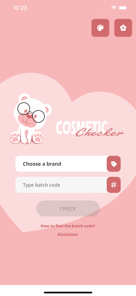 Cosmetic Checker - Home screen of the Cosmetic Checker app featuring a pink theme, a brand selection dropdown, and a batch code input field.