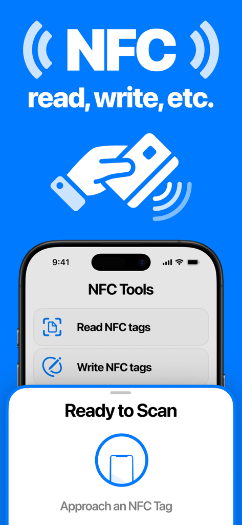 NFC Tools: Tag Reader,Writerㅤ - Interfaz de la aplicación NFC Tools en iPhone mostrando botones para leer y escribir etiquetas con una ventana modal lista para escanear