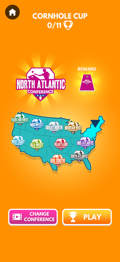 미국 지도에 콜홀 컵 토너먼트의 지역 컨퍼런스 표시