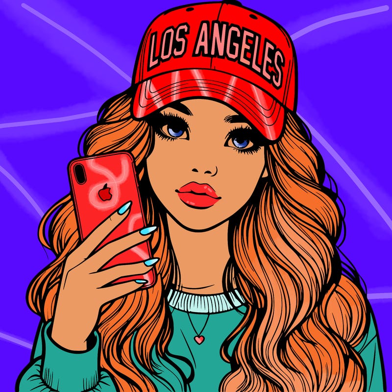 realistic beautiful girl wearing los ángeles cap holding an iphone