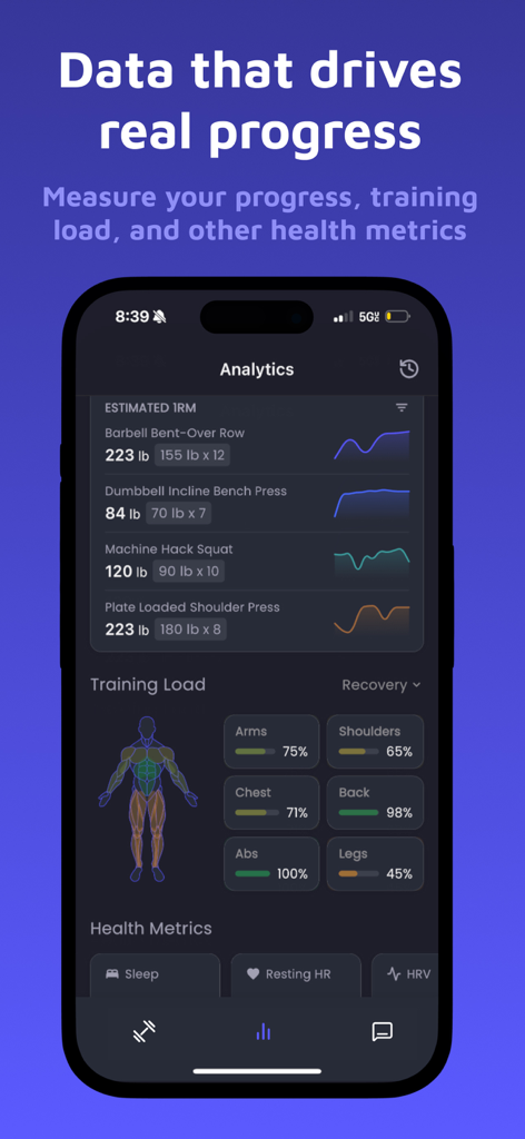 Spotr: Strength Training - Spotr app analytics screen displaying estimated 1RM progress graphs and muscle specific recovery percentages