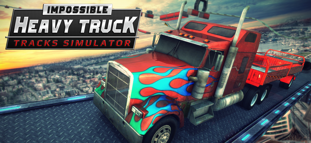Heavy Truck Impossible Tracks - A heavy red truck with blue flames driving on a narrow sky high track in a simulator game