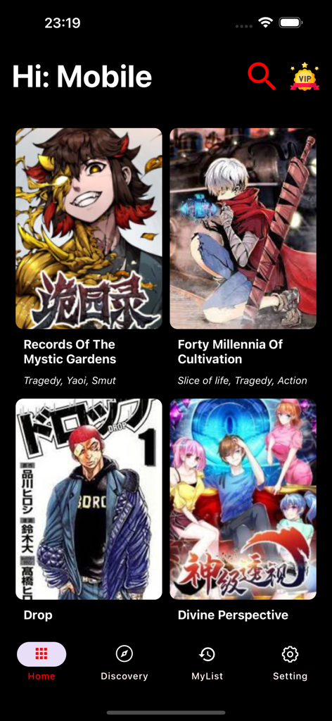 Manga Fire - Top Manga Reader - Écran d'accueil de l'application Manga Fire montrant une collection de titres de manga comme Records Of The Mystic Gardens et Divine Perspective en mode sombre.