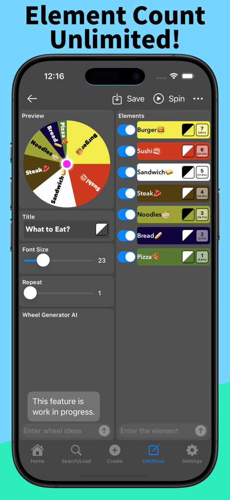 Interface of Unfair Wheel app showing the edit screen with a food-themed decision wheel and unlimited element options