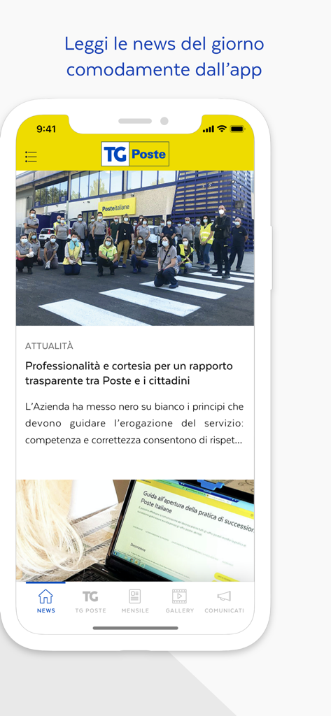 TG Poste - Smartphone screen displaying the TG Poste news application with articles about Poste Italiane services and institutional news.