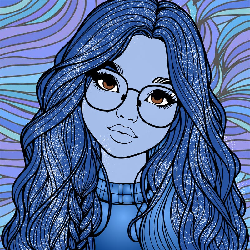 girl with long hair and freckles and glasses realistic