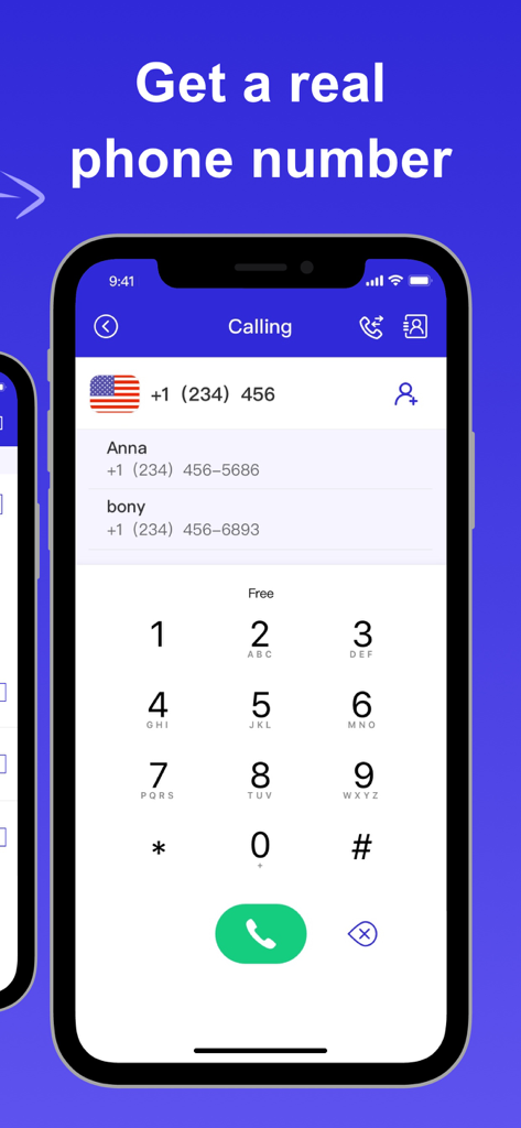 Insta Texting - Unlimited Call - A smartphone showing the Insta Texting app interface with a phone dial pad and an option to get a real US phone number.