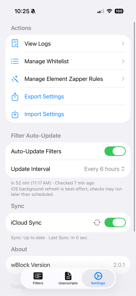 wBlock - The settings interface of the wBlock app showing options for logs, whitelist, filter updates, and iCloud sync.