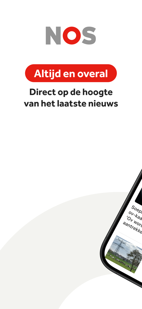 オランダ語のロゴとヘッドラインが表示されたNOSモバイルアプリの画面。