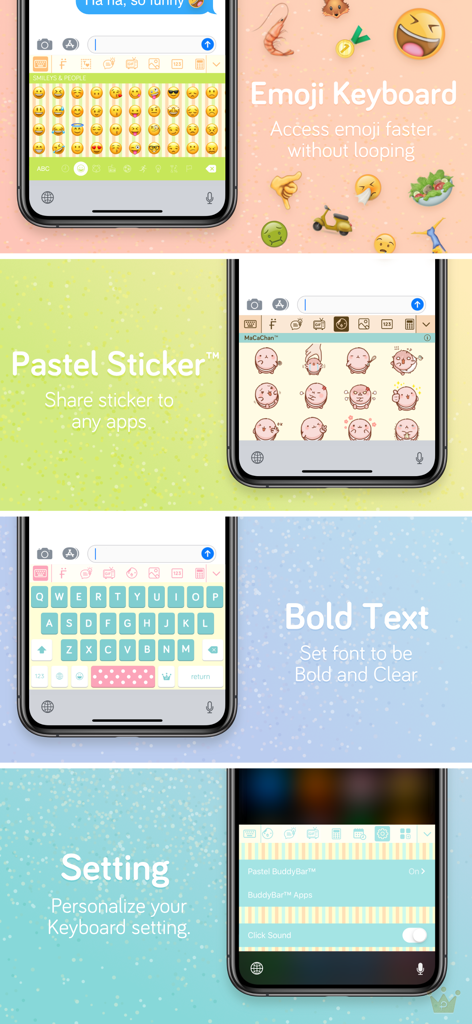 Pastel Keyboard Themes Color - Four screenshots of the Pastel Keyboard app showcasing emoji options stickers bold text font and personalization settings.