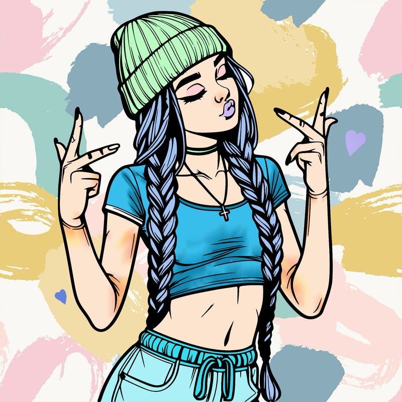 realistic teenage girl with braids and a beanie and crop top doing 🫶🏼