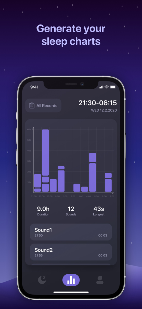 Tela de um smartphone exibindo um gráfico detalhado de análise de som do sono e estatísticas do aplicativo Analisador de Ronco.