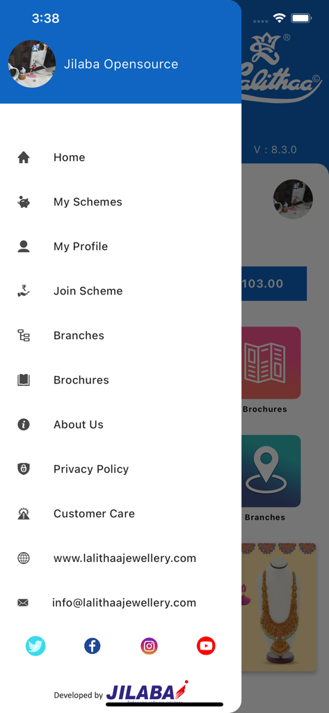 Lalithaa Jewellery - Side navigation menu of the Lalithaa Jewellery mobile app showing gold scheme and profile options
