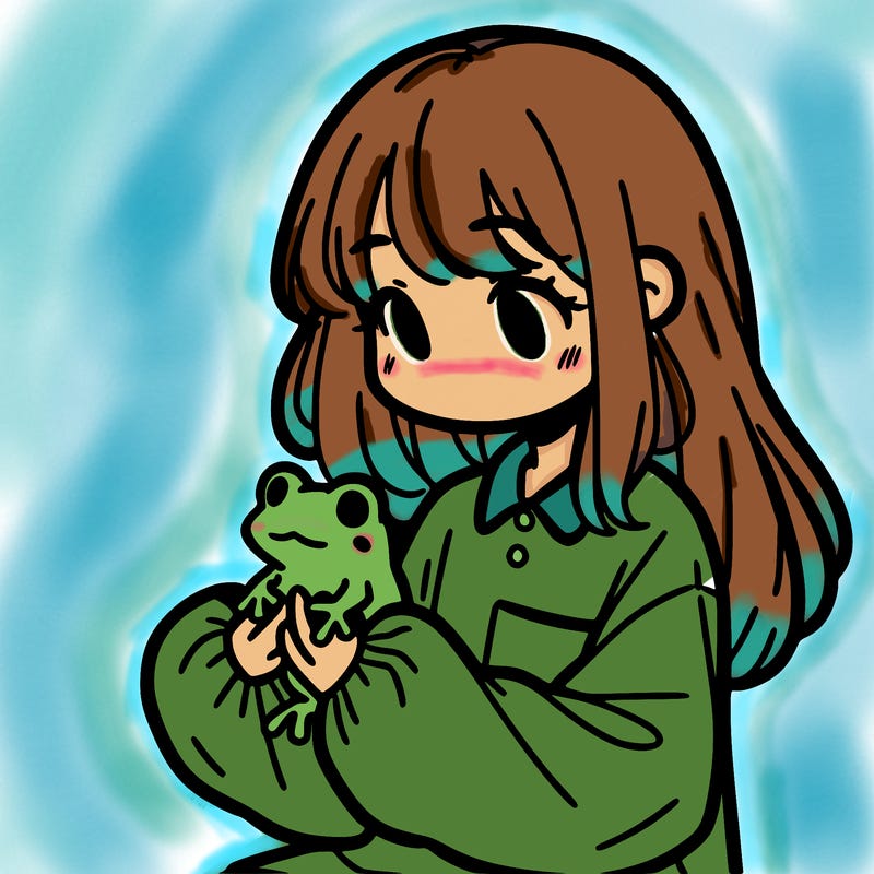 girl with long hair and a oversized shirt. and she is holding a frog