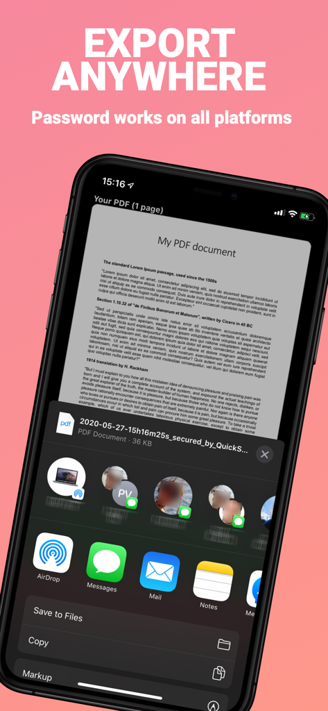 Menu de exportação do aplicativo PDF Secure mostrando opções para compartilhar documentos protegidos por senha em todas as plataformas