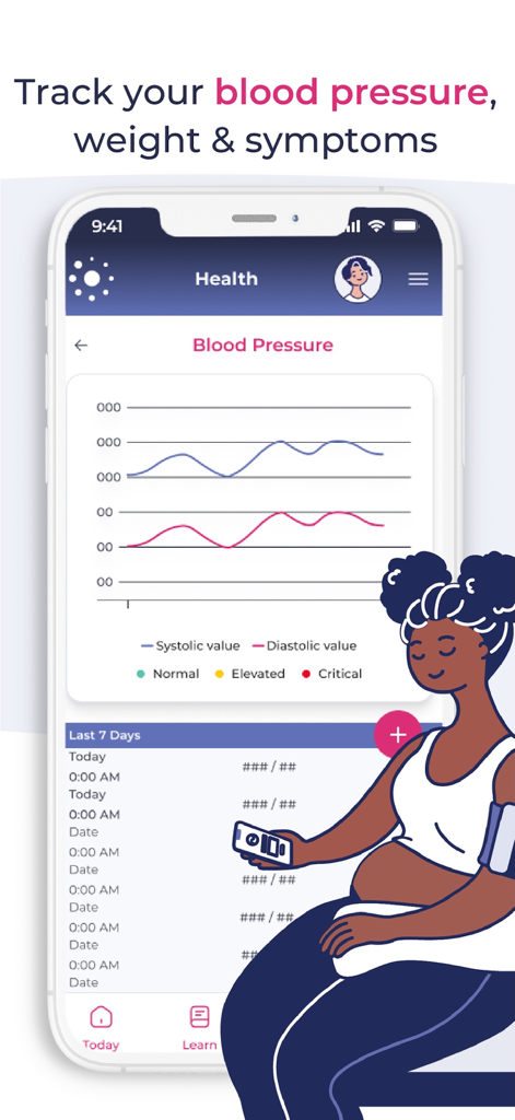 Blood pressure monitoring graph and health data log on the Babyscripts myJourney app screen.