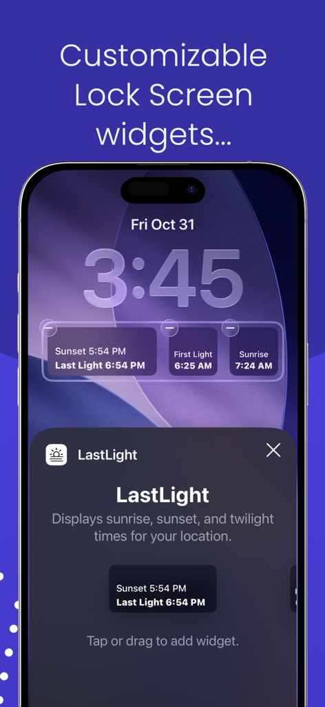 iPhone lock screen showing customizable LastLight Pro widgets for sunset and sunrise times