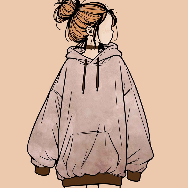 realistic girl with a oversized sweatshirt on and a bun