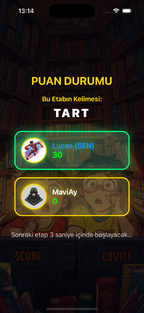 By Word - By Word mobile app scoreboard screen showing a competitive online match with player rankings and the target word