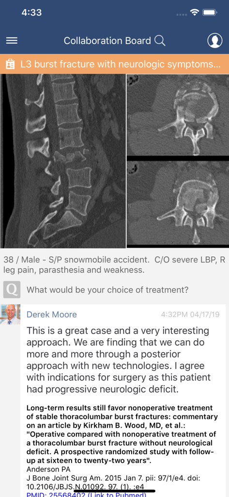 Interface of the Bullets app showing a medical collaboration board with spinal CT scans and professional case discussion