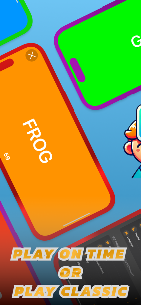 Who Am I? - Guess The Word! - Pantalla de juego del juego de fiesta ¿Quién Soy? que muestra una tarjeta de adivinanza con la palabra 'rana' y opciones de juego cronometrado o clásico