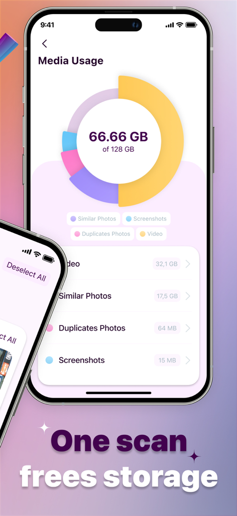 Expandify app interface displaying a donut chart of phone storage usage by media category