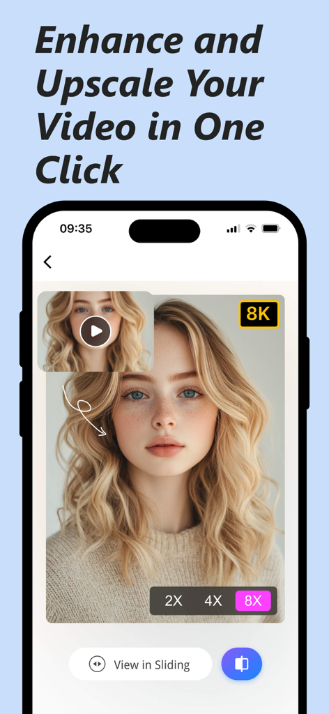 Picwand AI Photo Video Editor - Picwand app interface showing AI video enhancement and upscaling to 8K resolution