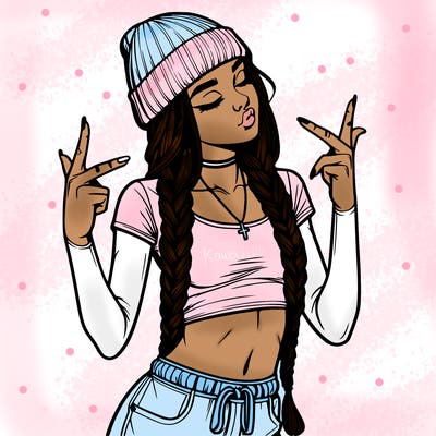 realistic teenage girl with braids and a beanie and crop top doing 🫶🏼