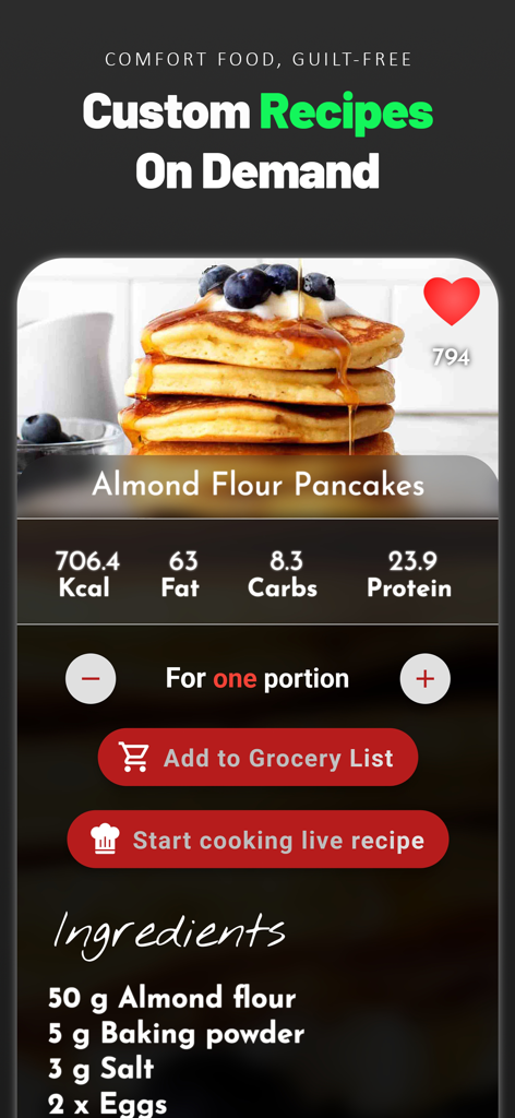 Easy Keto Diet Carb Manager - Mobile app screen displaying a keto almond flour pancake recipe with nutritional facts and a shopping list feature