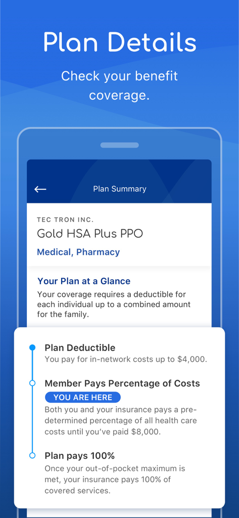 Uma interface móvel para a aplicação Sydney Health mostrando detalhes do plano de seguro de saúde, incluindo um rastreador de dedutível e custos próprios.