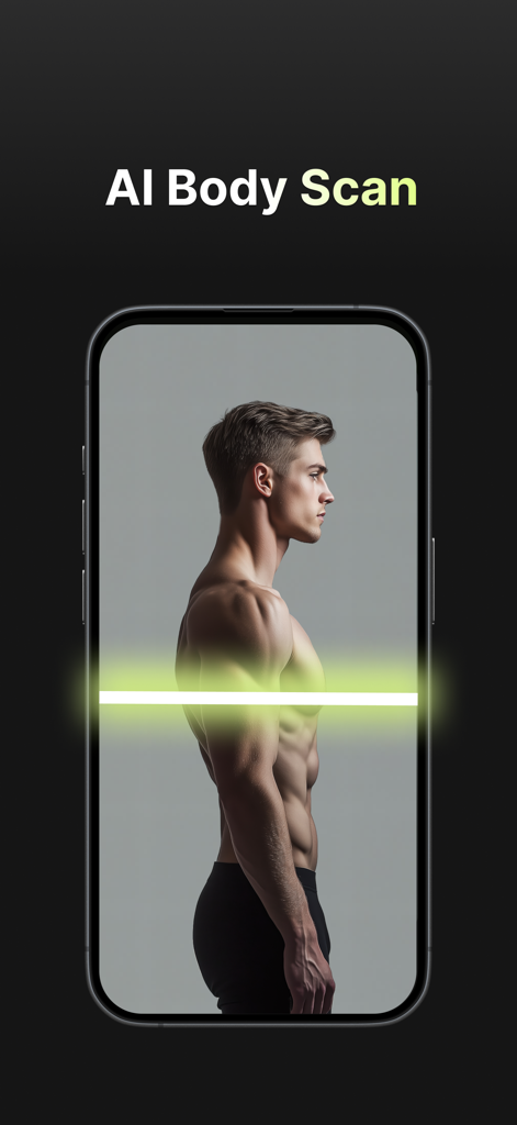 trackBod - AI Body Scan - An iPhone screen showing an AI body scan analysis for fitness tracking.
