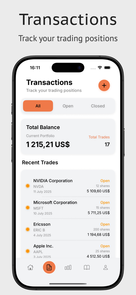 The Trading Journal App - iPhone screenshot of the transactions screen in The Trading Journal App showing a portfolio balance and a list of recent stock trades