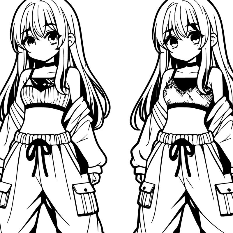 anime girl wearing a crop top and baggy pants