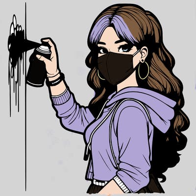 realistic girl with mask spray painting a wall