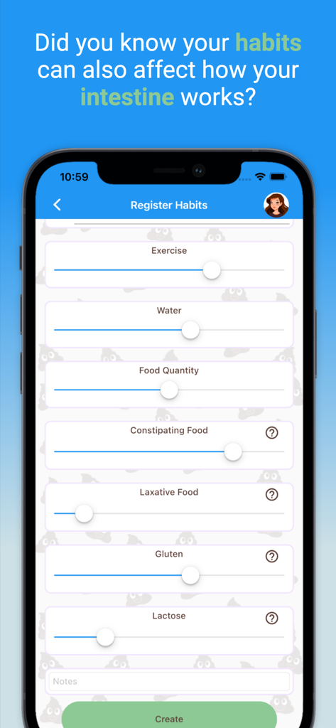 Happy Poop: Toilet Journal Log - Happy Poop app screen showing sliders to register daily habits like exercise water and food intake