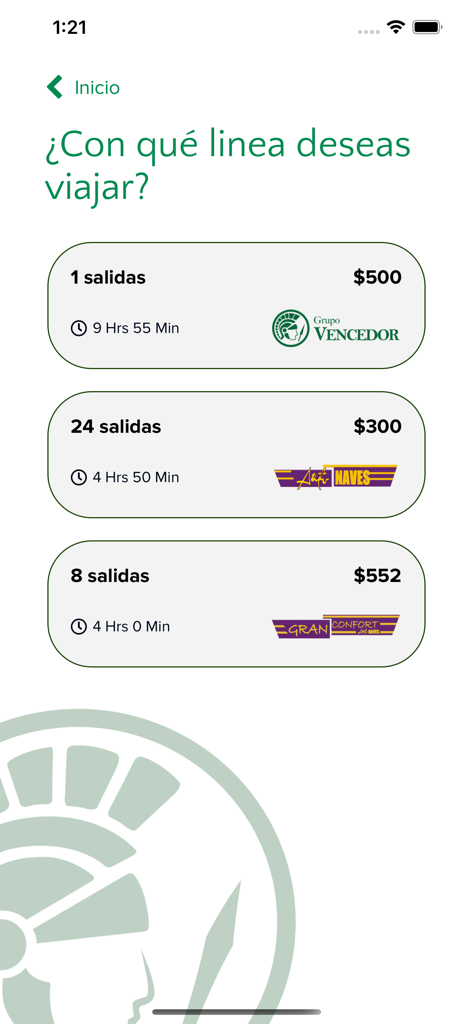 Grupo Vencedor - Bus line selection screen in the Grupo Vencedor app showing various travel options and prices.