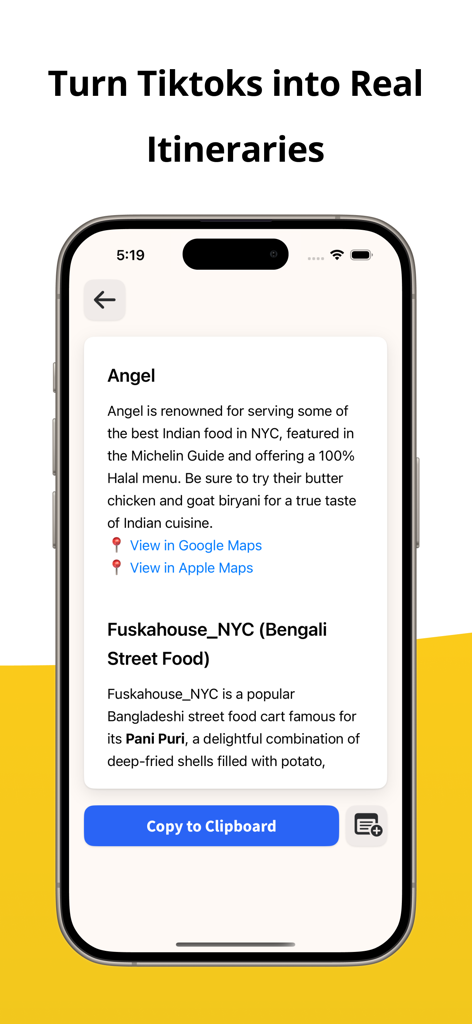 Harvest: Turn Feed into Notes - Interfaz de la aplicación Harvest mostrando un itinerario de viaje para restaurantes de la ciudad de Nueva York con descripciones y enlaces a mapas.