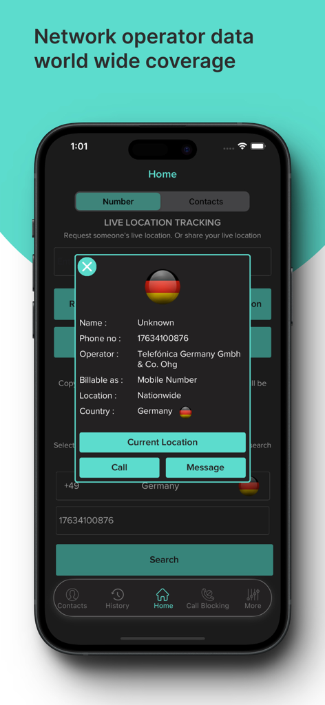 Mobile Number Tracker Location - Interfaz de la aplicación Rastreador de Números Móviles que muestra información del operador de red y la ubicación del país del llamante