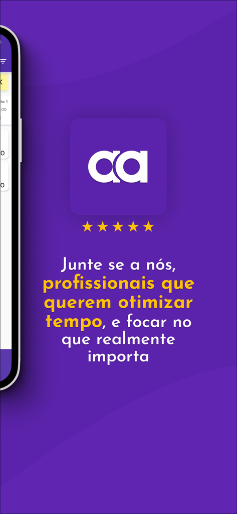 Écran de démarrage de l'application Tua Agenda avec cinq étoiles et un texte en portugais sur l'optimisation du temps pour les professionnels.