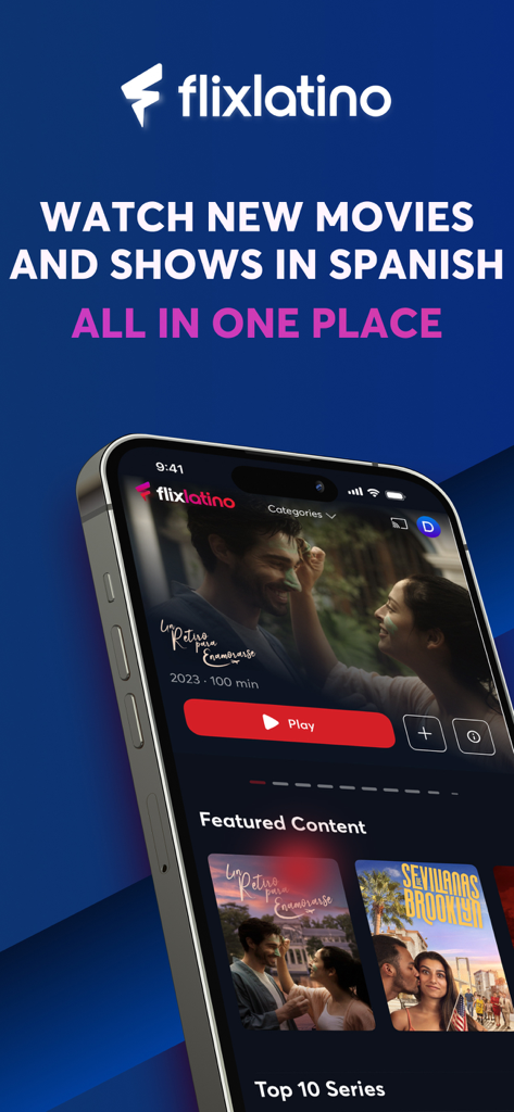 FlixLatino mobile app showing Spanish movies and series on an iPhone screen