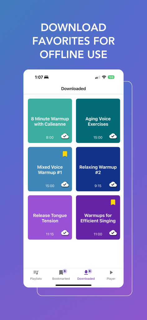 Vocal Warmups with Kathleen - アプリでオフライン使用のためにダウンロードされたボーカルウォームアップエクササイズを表示する画面。