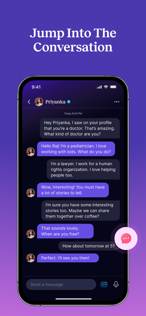 Vinita - South Asian Dating - Mobile app screen showing a messaging conversation between two South Asian professionals on the Vinita dating platform