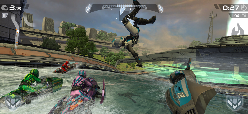 Riptide GP2 - A jet ski rider performing a mid-air backflip stunt during a competitive race in Riptide GP2