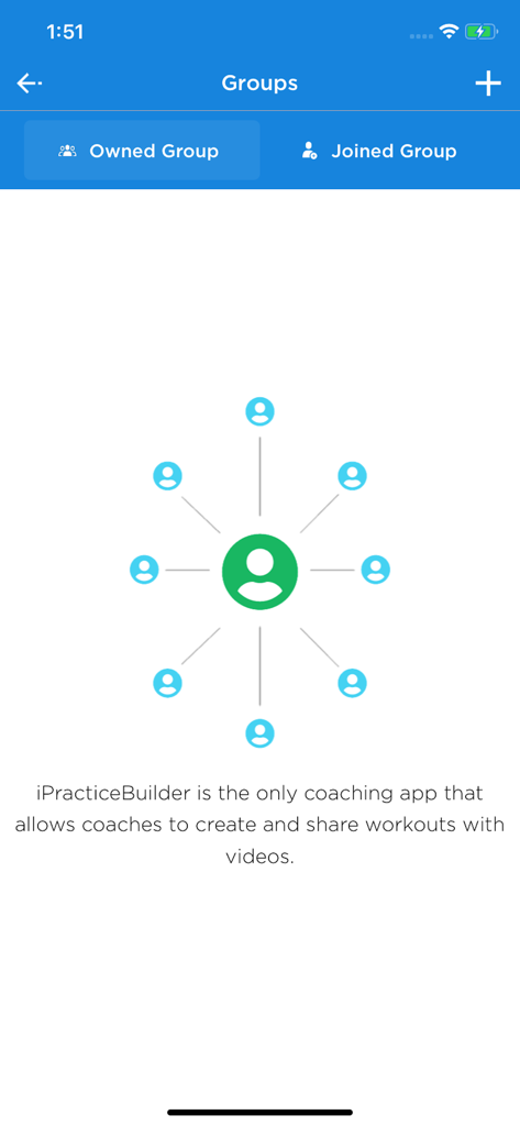 iPB Volleyball app Groups screen illustrating the video workout sharing feature for coaches