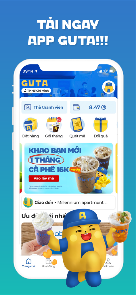 Guta App - Guta App home screen interface featuring coffee ordering, loyalty points, and promotional banners with the brand mascot