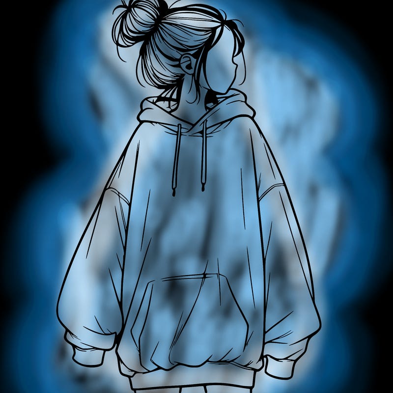 realistic girl with a oversized sweatshirt on and a bun