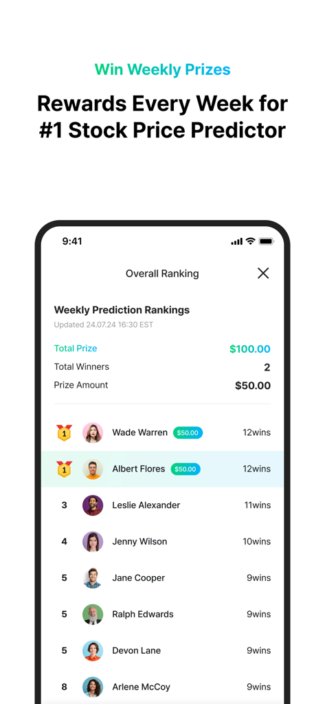 Vest Way - Investment Guide - A mobile leaderboard displaying weekly prediction rankings and cash prizes for top stock price predictors in the Vest Way app.