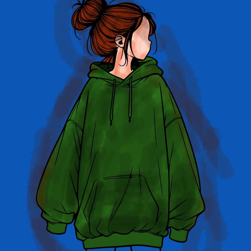 realistic girl with a oversized sweatshirt on and a bun