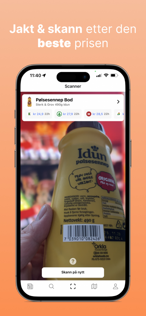 Escaneando el código de barras de un producto con la aplicación Prisjegere para comparar precios de comestibles