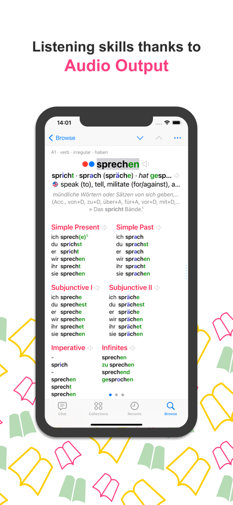Verbs German Dictionary - Screenshot showing the German verb sprechen conjugated in various tenses with audio icons for pronunciation practice